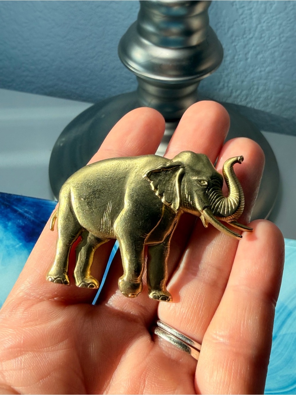 Vintage Gold Tone Elephant Brooch Pin 2.25” Trunk Up Lucky Charm